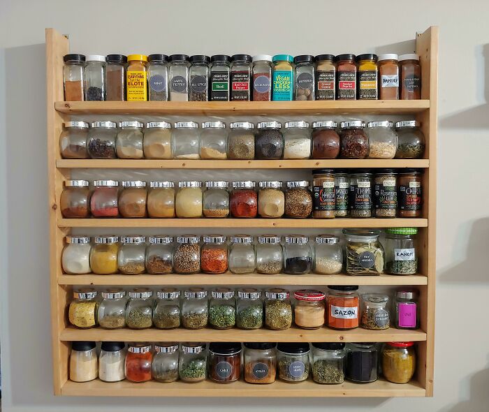Not Paying For Expensive Spices Shelf. Instead, My Boyfriend Made This From Old Bed Slats. Jars From Mustard, Jams Etc. To Keep Homemade Seasoning Blends