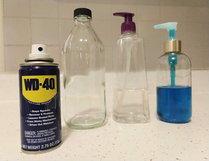 Til Wd-40 Removes Sticker Residue. The Middle Bottle Still Had A Snowman Label On It; My Bathroom Is Going To Look Civilized Again