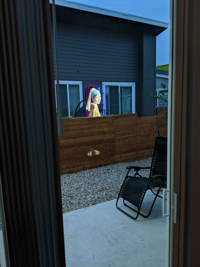 El reflejo de mi televisor hace que parezca que "La chica del pendiente de perla" está en mi patio trasero