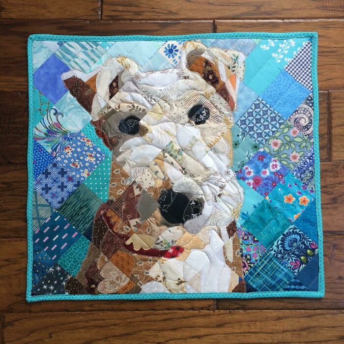 My Christmas Present To My Mother In Law. (It Looks Like Her Dog.) I Used All Donated Scrap Fabric. I Throw Away Nothing When Trimming - I Keep Even The Tiniest, Weirdest Pieces When I’m Quilting My Big Quilts, Because You Never Know When Something Is Going To Need A Shadow, A Collar, Or A Nose