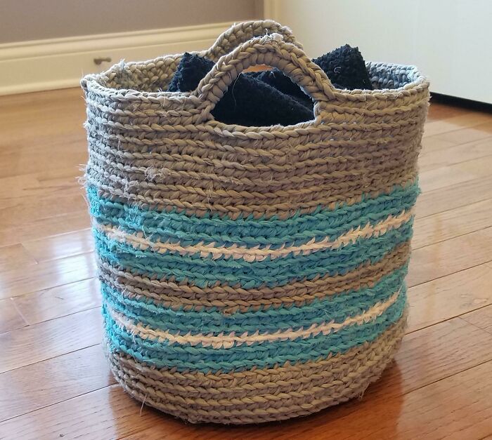My Friend Was Going To Throw Away A Torn Sheet, So I Rescued It, Made It Into "Yarn," And Crocheted Myself A Basket! I Added A Bit Of Color With Rags Pilfered From My Mom's Bin. I'm So Happy With How It Turned Out