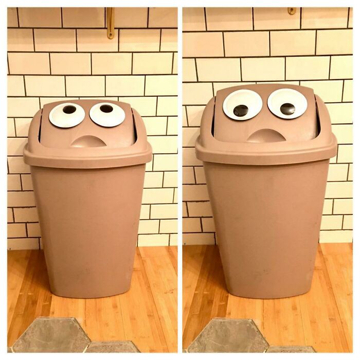 My Wife Put Giant Googly Eyes On Our Trash Can As A Joke. But It’s Actually Working For Our Zero Waste Goals. Now I Feel Shame Every Time I Toss Something, It Looks Horrified!