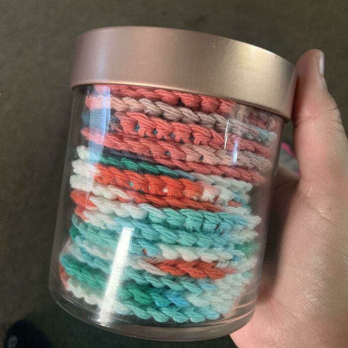 My Aunt Requested Crocheted Face Scrubbies To Replace Cotton Pads/Balls. She Asked For 24 So I Put Them In A Repurposed Candle Container