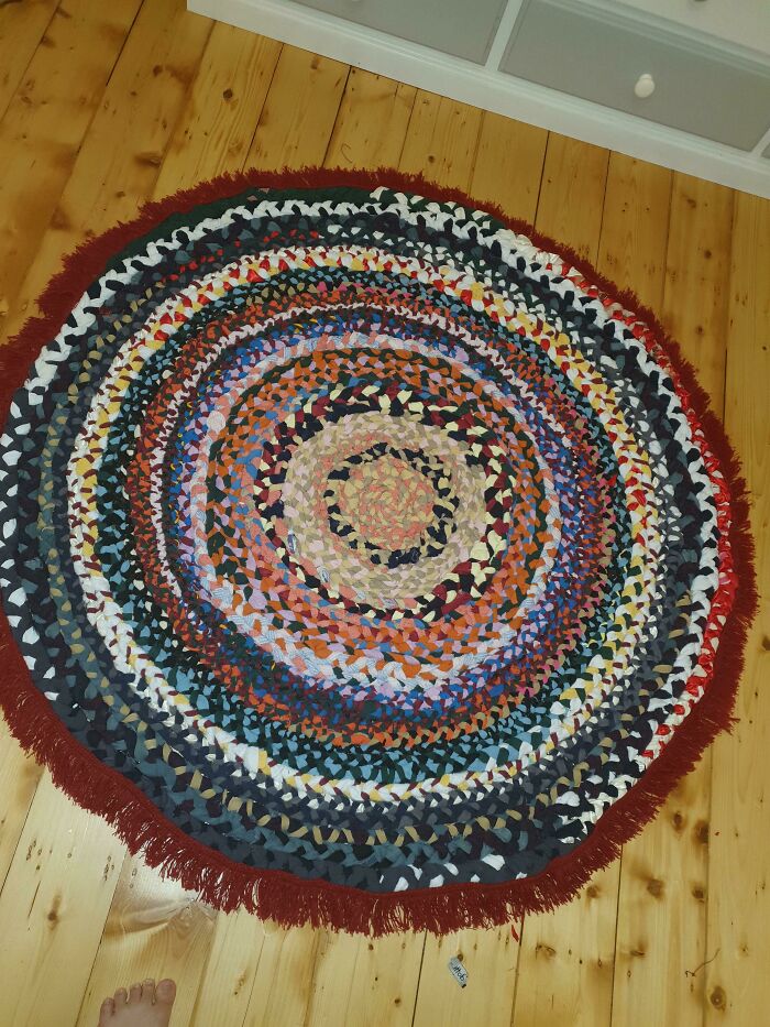 Was Going To Buy A Rug But Tried Making One Instead After Seeing Some On This Sub. Used Old Fabrics+clothes+fringe I Had Lying Around