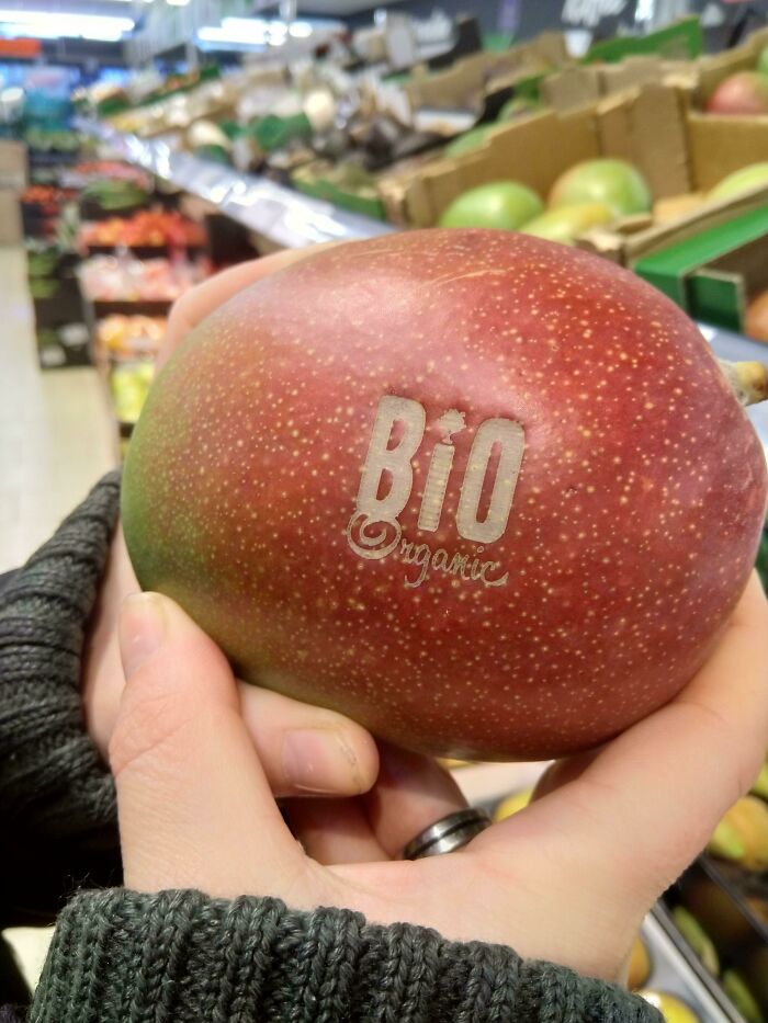 Mango With Label Stamped Into It Instead Of Having A Sticker