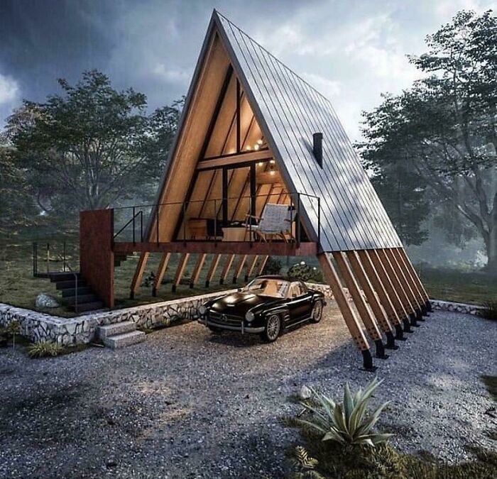 A Crazy Modern A-Frame Cabin. That’s One Place To Park A Car!