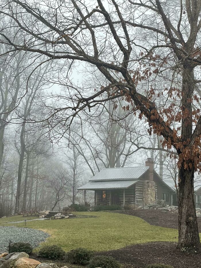 My Parents North Carolina Cabin. It Looks Simultaneously Spooky And Cozy In The Fog