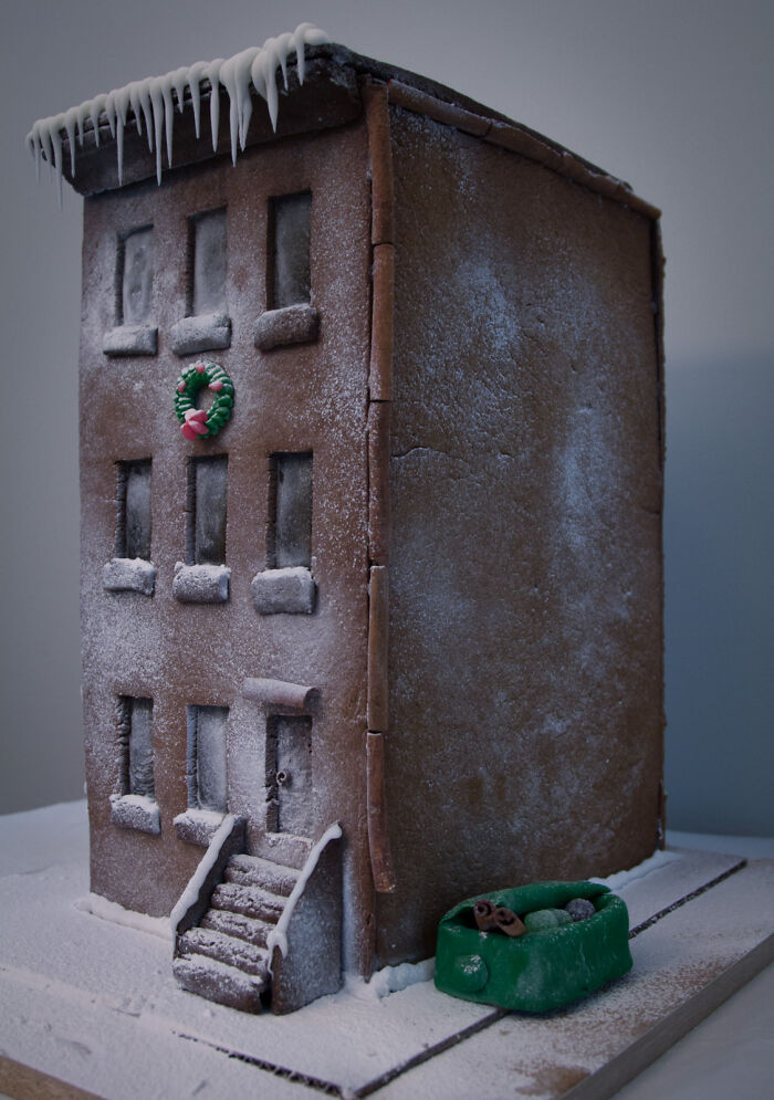 Gingerbread House: 3-Story Low-Income Rent-Controlled Brownstone Apartment Building In A Gentrified Neighbourhood With Candy Glass Windows, Cinnamon Gutters, And Fondant Dumpster