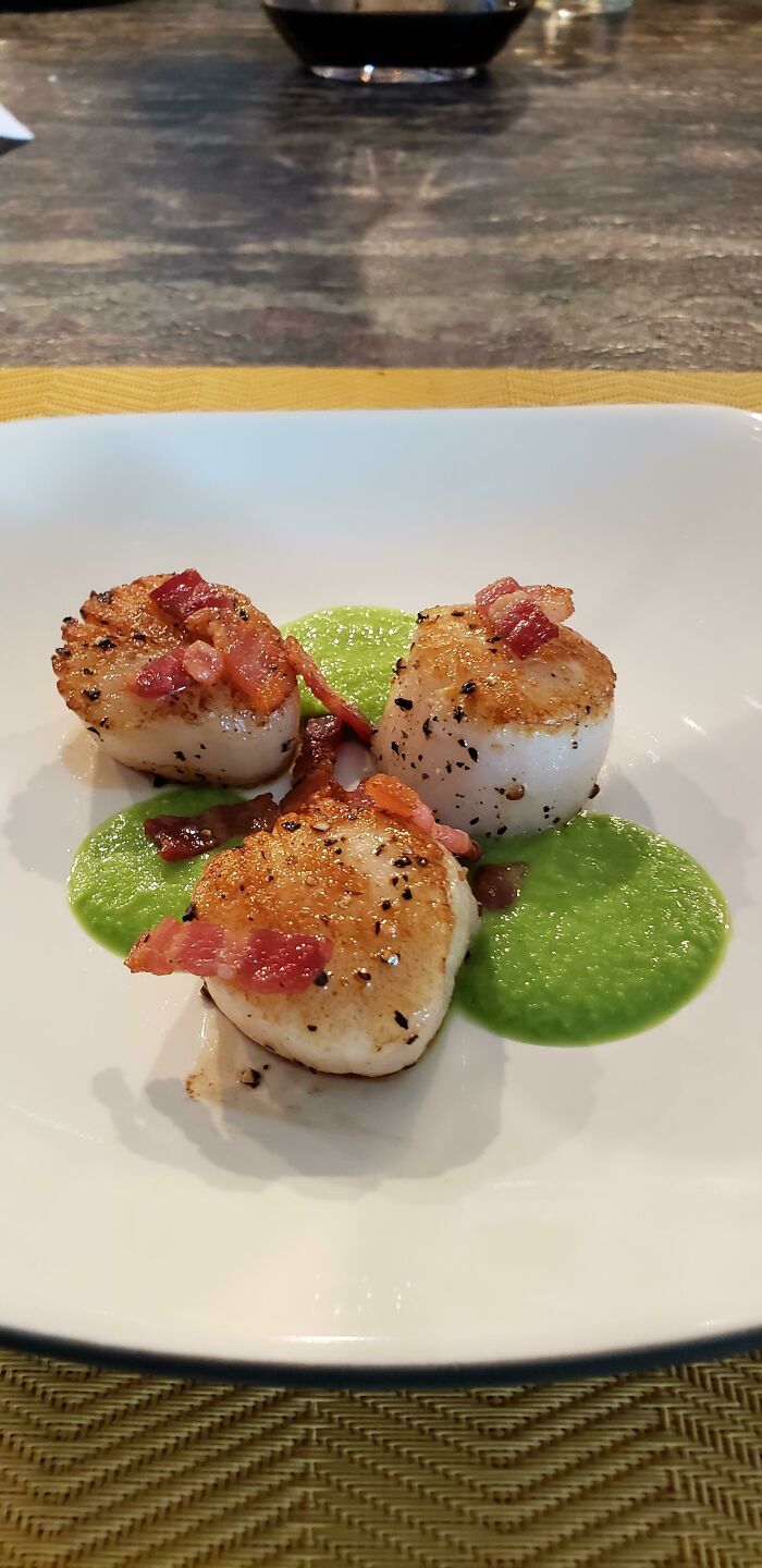 My 18yo Son Just Made Me Seared Scallops With A Pea Puree And Carmelized Bacon For My 49th Birthday. 1st Course!