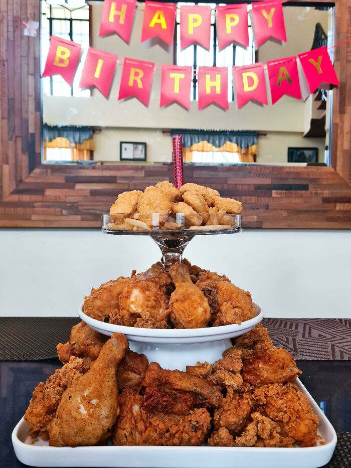 Brother Is A Not A Fan Of Cakes, So This Is His "Cake" For His Bday. He Really Likes Fried Chicken
