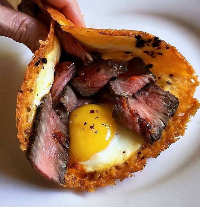 Steak And Eggs Wrapped With A Fried Cheese Shell