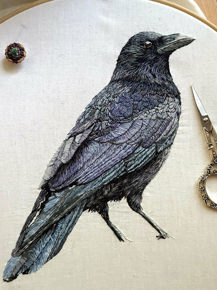 A Crow I've Been Embroidering For A Few Months Now. Still Gotta Give Him Feet And A Rock To Stand On
