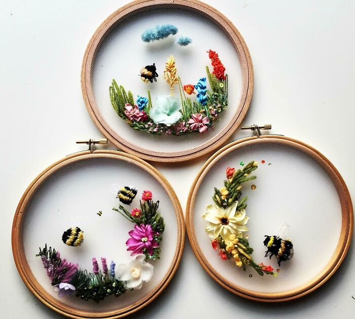 Floating Embroideries. Embroidery On Tulle Using Silk Ribbon, Tapestry And Threads
