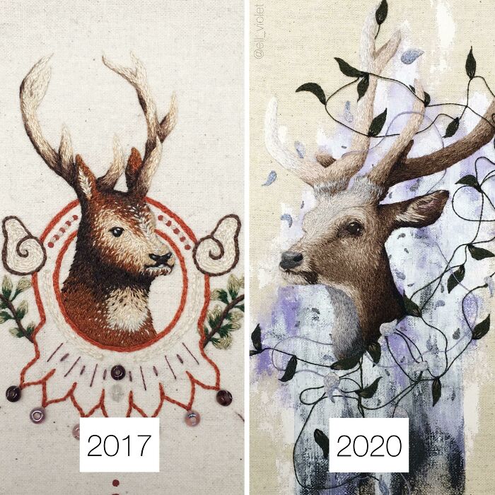 My First Embroidery In The "Thread Painted" Style vs. My Most Recent, Just Over Three Years Apart. Practice Really Does Pay Off!