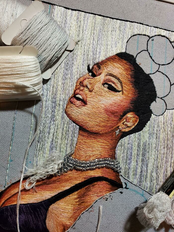 Progress: Nicki, Me, Hand Embroidery And Beading On Cotton, 2020. Whatchu Think!?