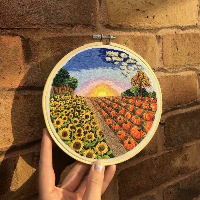 Sunflowers And Pumpkins. An Autumnal Embroidered Landscape