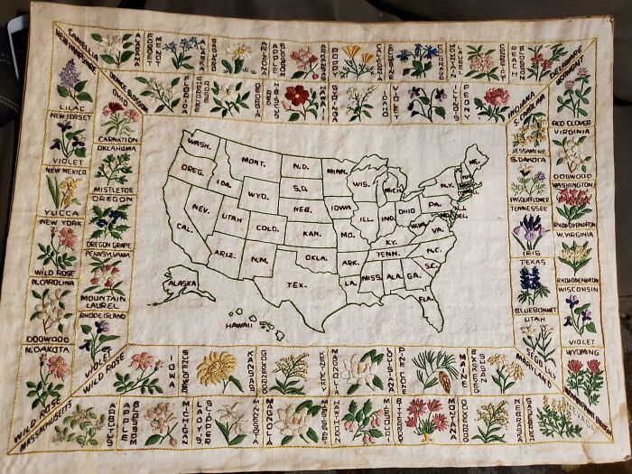 Helped My 70 Year Old Aunt Move Today And Was Just Floored By This Wildflower Map Of The United States. She Said Her Grandmother (My Great Grandma) Had Made It