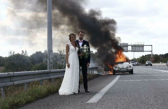 Newley Wedded In Front Of Their Burning Car