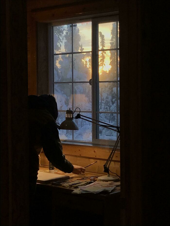 Wife Painting At Noon In Interior Alaska