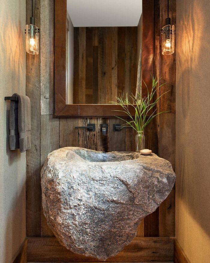 This Rock Crafted From A 700-Pound Boulder, Excavated From The Homesite And Then Hung From The Wall To Be Used As A Sink In A Home In Jackson, Wyoming