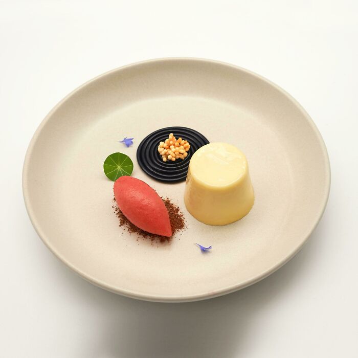 White Chocolate & Bay Leaf Panna Cotta, Blueberry Lace, Puffed Sushi Rice, Strawberry Sorbet