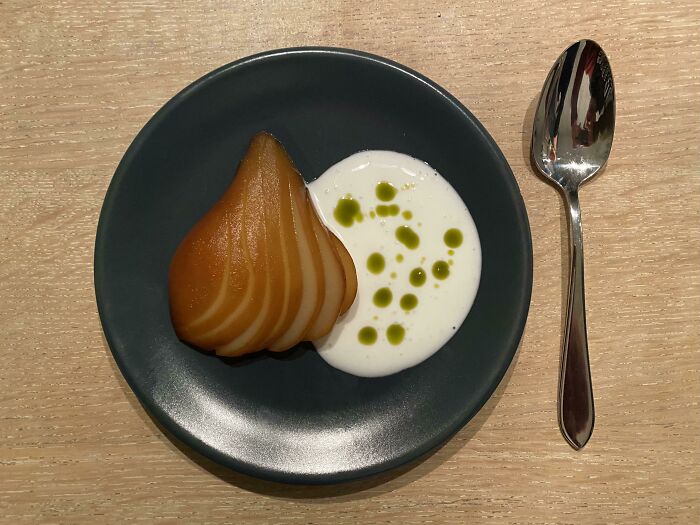 Poached Pear, Soy Honey Glaze, Goat Yoghurt, Fig Leaf Oil