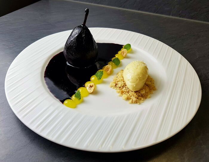 Pear Poached In Red Wine, Hazelnuts Crumble, Lemon Gel, And White Chocolate Mousse!