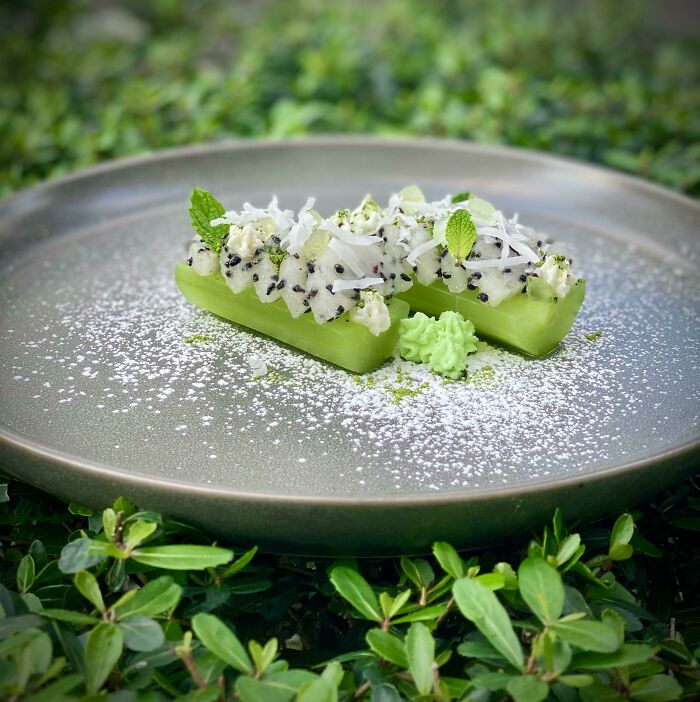 Cucumber Compressed In Gin And Sugar, Dragon Fruit, Fresh Coconut Flakes, Mint, Matcha