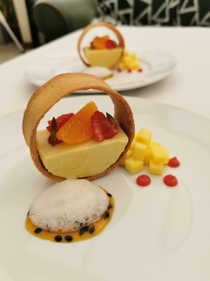 Mango And Passionfruit Tart, Passionfruit Sauce, Lime Foam, Rasberry Coulis, Sweet Shortcrust Pastry