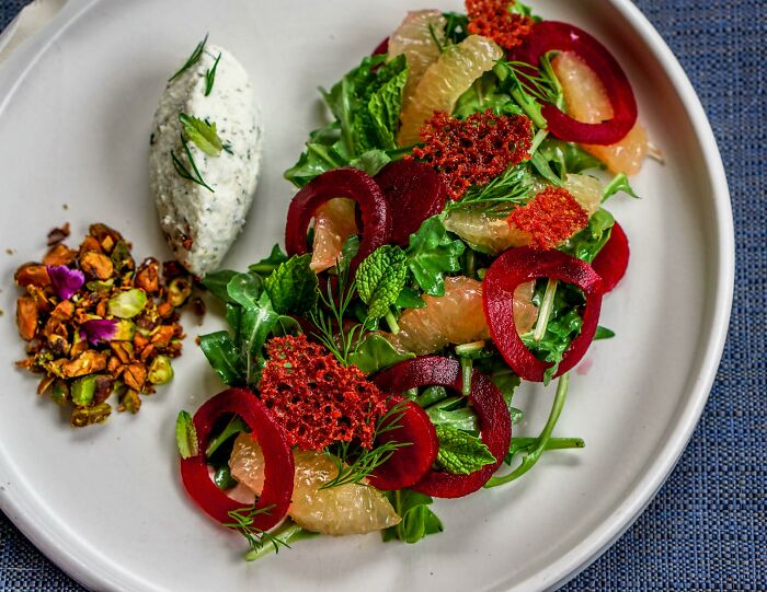 Beet And Whipped Feta Salad With Pistachios, Mint And Arugula