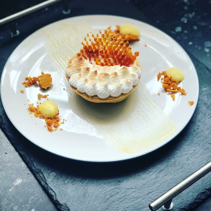 Lemon Meringue Pie With Honeycomb; Orange And Lemon Foam Topped With Honeycomb’glass’