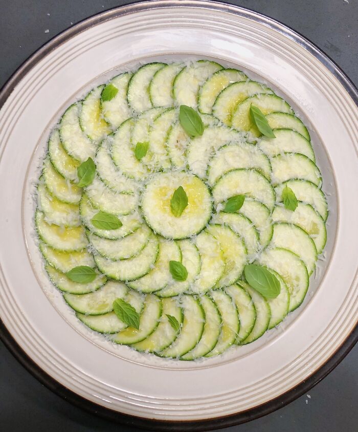 Zucchini Carpaccio: Lemon Juice, Fresh Basil And Mint, Basil- And Coriander-Infused Olive Oil, Grated Parmesan