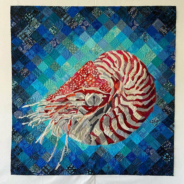 I Made This Nautilus Art Quilt Using Raw Edge Appliqué Combined With Traditional Piecing. I Free-Motion Quilted It With A Variety Of Thread Weights To Add More Texture. I Encouraged Fraying Of The Fabrics To Give More Interest To The Piece. 58”x61”