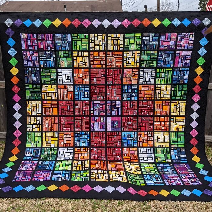 100 Days, 100 Blocks, One 112" Rainbow Stained Glass Scrap Quilt!