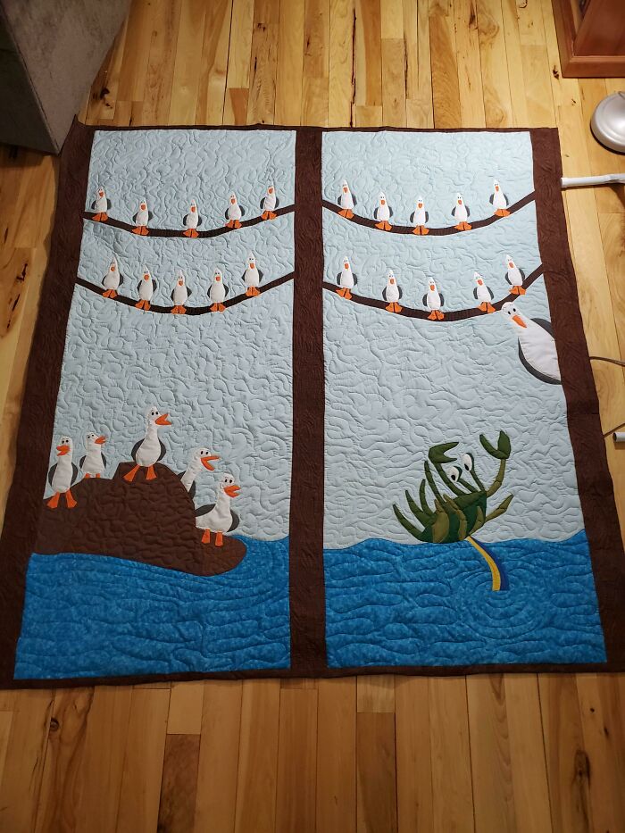 I Made This Quilt Because My Spouse's Favorite Movie Characters Are The Birds From Finding Nemo. He Literally Wanted Just A Quilt Full Of Seagulls So I Sketched This Up And Used Needle Turn Applique And Embroidery To Get The Job Done. I Was Happy It Got To Stay In My House