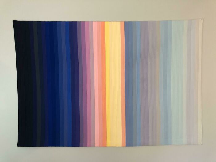 Ante Meridiem- This Modern Quilt Represents The Colors Of The Sky Every 15 Minutes From Midnight Until Noon. It Is Based On The Actual Astronomical, Nautical And Civil Dawn And Sunrise In Madison, Wi On 6/18/81, When My Husband And I Started Our Romantic Relationship. Quilt Lines Every 5 Minutes