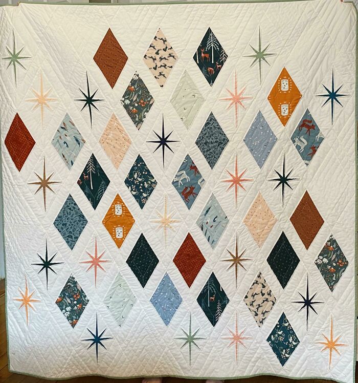 Finally Finished The Atomic Starburst Quilt!! Using Kona Snow And Mostly Agf Campsite Collection. Lots Of Love Went Into This One