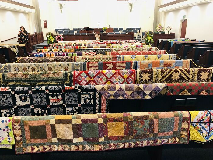 My Mother-In-Law Passed Away Last Week. Here Is Her Quilting Legacy On The Back Of The Pews Before Her Funeral This Morning. She Will Be Missed