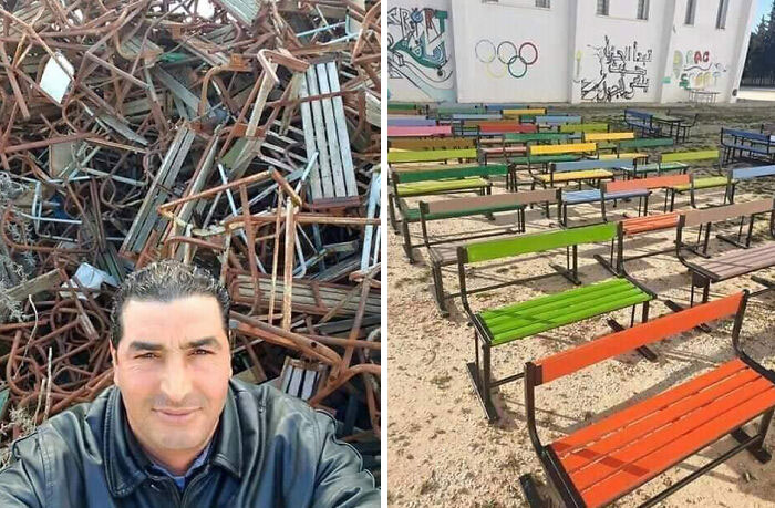 This Awesome Moroccan School Security Guard Wasted No Quarantine Time And Restored, Free Of Charge, These Benches That Were Supposed To End Up In The Trash So That They Can Be Reused This School Year 