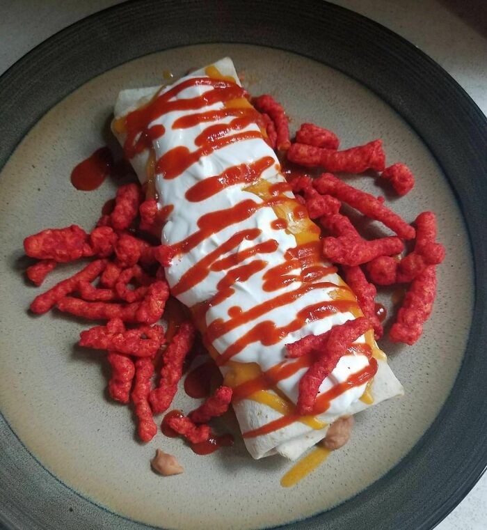 $0.99 Burrito, Shredded Cheese, Sour Cream, Sriracha And Flaming Hot Cheetos 