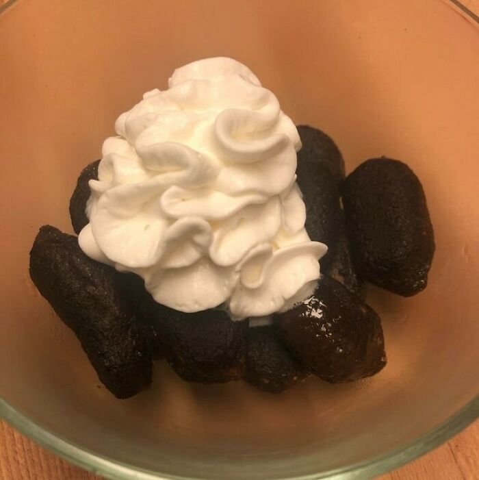 Chocolate Gnocchi From Trader Joe’s. Thought The Whipped Cream Would Help But Now It Just Looks Like A Poop Sundae