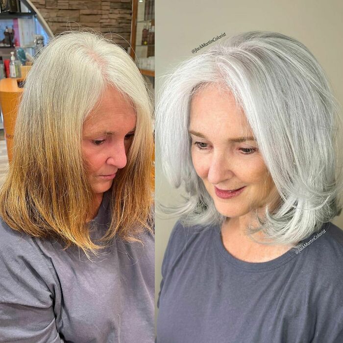This Gorgeous Lady Came To See Me All The Way From Minneapolis, Mn, Seeking A Color That Will Match And Blend With Her Roots. For This Transformation I Used @schwarzkopfusa Blondme Bond Enforcement Lightener That Has A Bond Builder Built In It To Protect The Integrity Of The Hair Mixed With 20 Vol Blondme Cream Developer. Toned With @schwarzkopfusa Igora Vibrance 1/2 9,5-1 + 1/2 9,5-21 Mixed With Igora Vibrance 6 Vol Developer. The Only Extra Step I Did For This Transformation Is That I Added A Little Extra Strands Of Silver To Her Roots ( Every Other Foil ) To Give The Hair More Volume Since Her Natural Roots Were Very Flat And Soft. #schwarzkopfusa #igora #morevibrance #blondme @behindthechair_com @modernsalon @american_salon #jackmartincolorist #silverhair #silverhairtransition #hairtransformation #behindthechair #greyhairtransformation