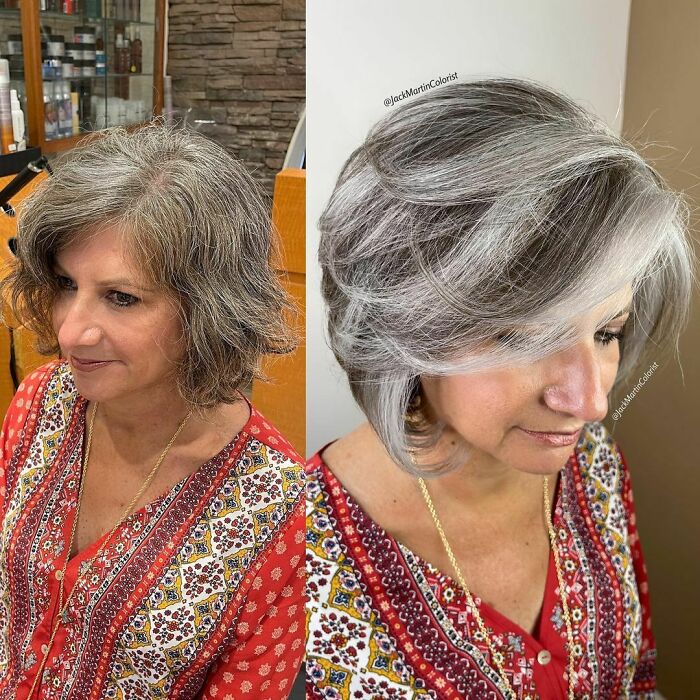 Adding Some Wider Strands Of Silver To All-Natural Salt And Pepper Hair Makes The Hair Looks More Glamorous And Alive. Make Sure To Encourage Your Salt And Pepper Clients To Come In For A Quick Color Enhancement As This Gorgeous Before And After Without Making Your Client Feels She Is Trapped To Coloring Every 3-4 Weeks And You Can Still Keep Your Clients That Decided To Go Natural As Every 3-4 Month Client. Be Creative And Come Up With New Foil Placement To Show The Glamour Of Your Client’s Hair. Of Course, Don’t Forget To Use @k18hair For Healthier And Better Hair Days. #k18hair #silverhair #jackmartincolorist #healthyhair #hairmask #hairrepair @behindthechair_com @modernsalon @american_salon