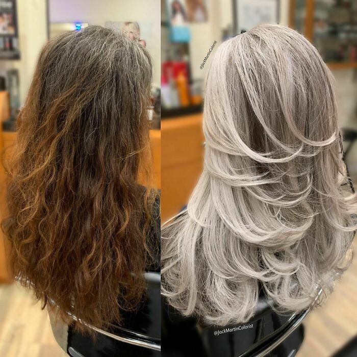 Total Time I Had To Spend On This Transformation Was 9 Hours. I Started The Long Process By Cutting Her Length About 2 Inches With Layers And Face Framing, Then I Weaved The Whole Head Starting From Where Her Gray Roots Starts In Foils Using @redken Flash Lift Power 9 With 20 Vol Leaving Her Gray Roots Out For About 4 Hours By Foiling The Hair Based On Her Root Gray Pattern Very Thin Sections For Faster And Even Lifting Until I Reached Level 10 Pale Yellow Blonde, At The Same Time All The Hair That Was Left Outside The Foils I Colored It With Redken Gels 1/2 5ab + 1/2 7ab Mixed With 10 Vol For About 30 Min To Create That Salt And Pepper Look. I Then Rinsed Hair, Toned With @redken Shade Eq 3/4 Oz 10t + 1/4 Oz 10p Mixed With Equal Amount Processing Solution For 20 Minuets, Rinsed, Shampooed, Conditioned, Styled With Round Brushes.
#behindthechair #americansalon #modernsalon @behindthechair_com @american_salon @modernsalon #redken #silverhair @saloncentric #jackmartincolorist #saloncentricpartner