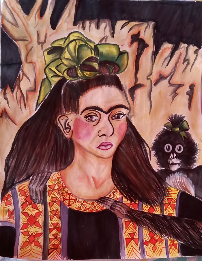 I Recently Recreated Frida Kahlo's Self Portrait With Monkey Using Watercolour