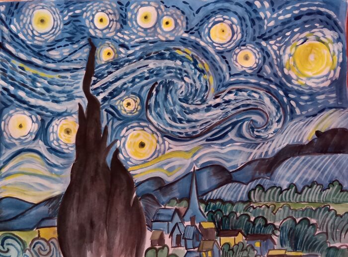 I Recreated 'The Starry Night' By Vincent Van Gogh Using Just Watercolor