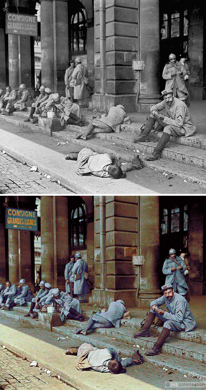 Soldados franceses de permiso en París, Gare de l'Est, 1916