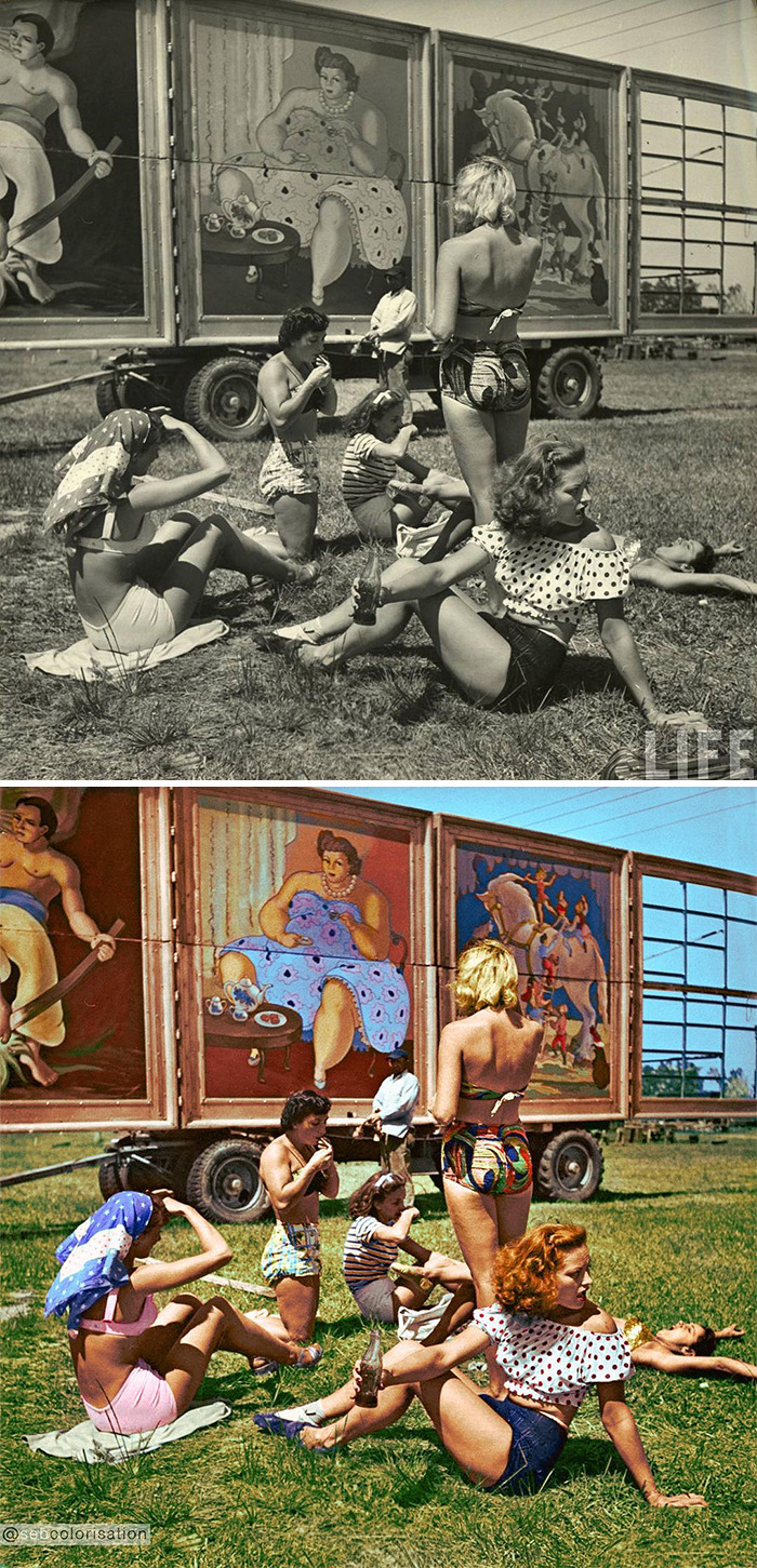 Chicas de circo en Sarasota, Florida, por Nina Leen en 1949