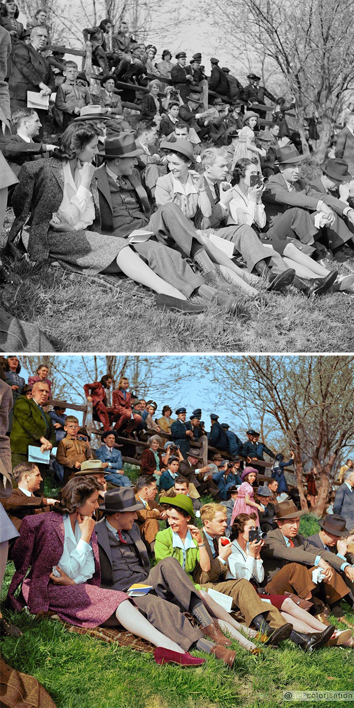 Espectadores en una carrera en Worthington, Maryland, por Marion Post Wolcott. 1941