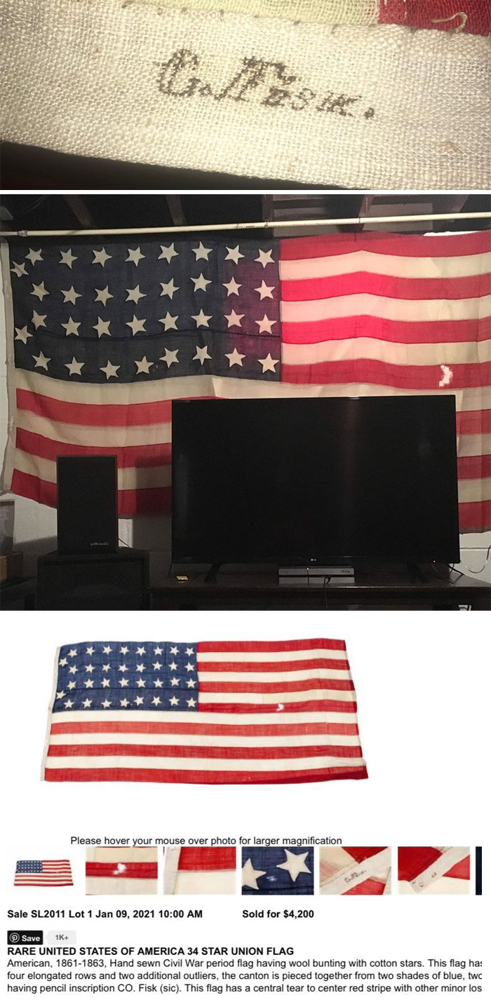 Compré esta bandera en Goodwill por 20 dólares y la vendí en una subasta por 4,200 dólares. Pensaba que era un adorno para la pared, pero resultó ser la bandera de un general de la Unión de la Guerra Civil.